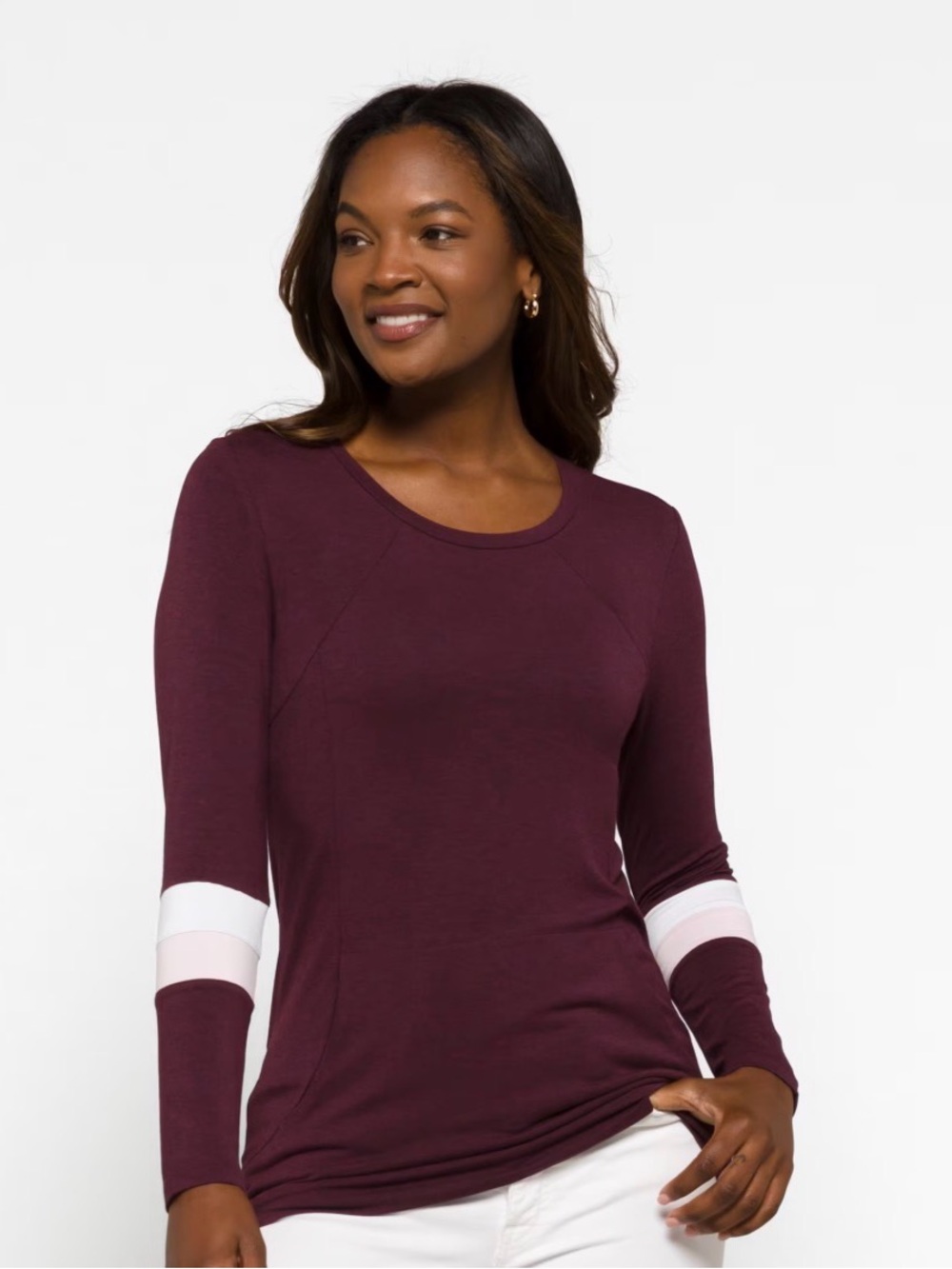 Market & Spruce - Falina Long Sleeve Knit Top in Wine with White Stripe